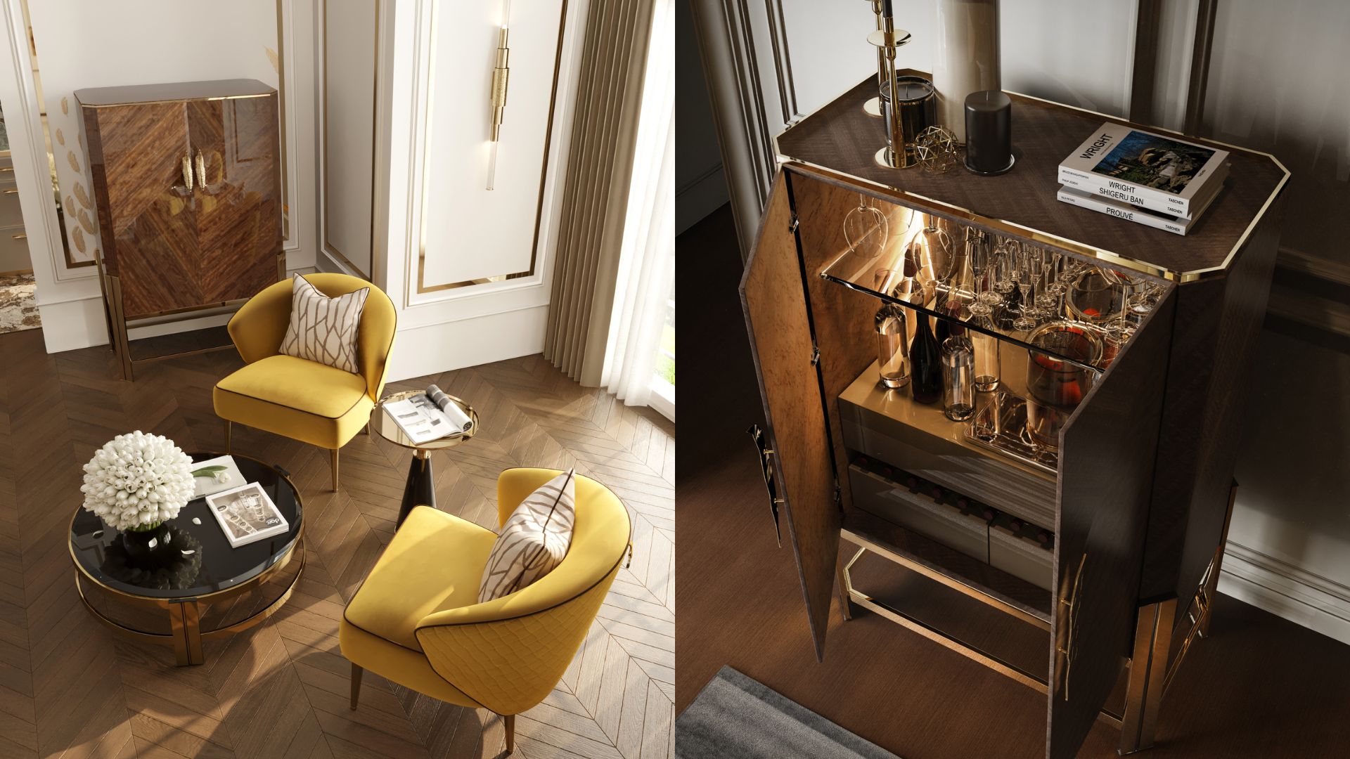 luxury Dionysus cabinet with gold plated details in modern interior design
