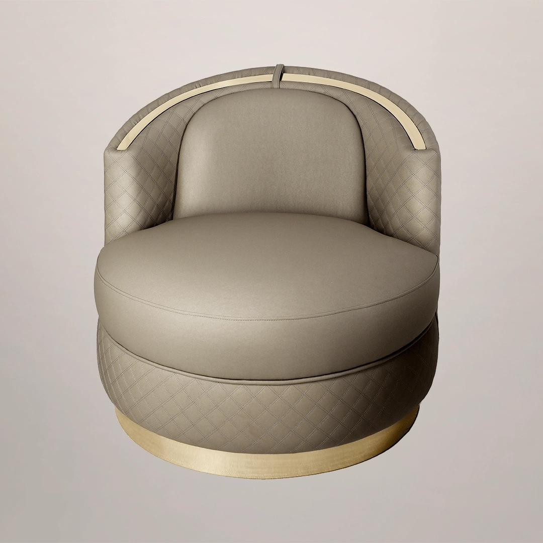 /storage/Luxury brass-accented modern lounge armchair with quilted padded fabric and smooth curves, combining comfort and elegance