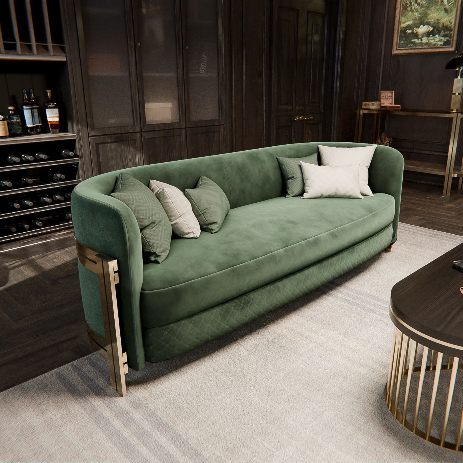 /storage/Luxury gold-plated brass sofa with soft upholstery, combining Versailles-inspired elegance and contemporary design by Castro Interiors