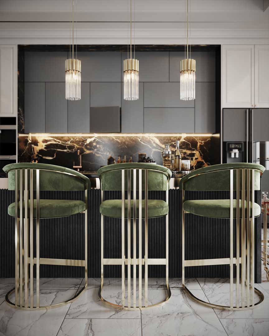 /storage/Luxury brass bar chair with elegant harp-shaped design by Castro Interiors.