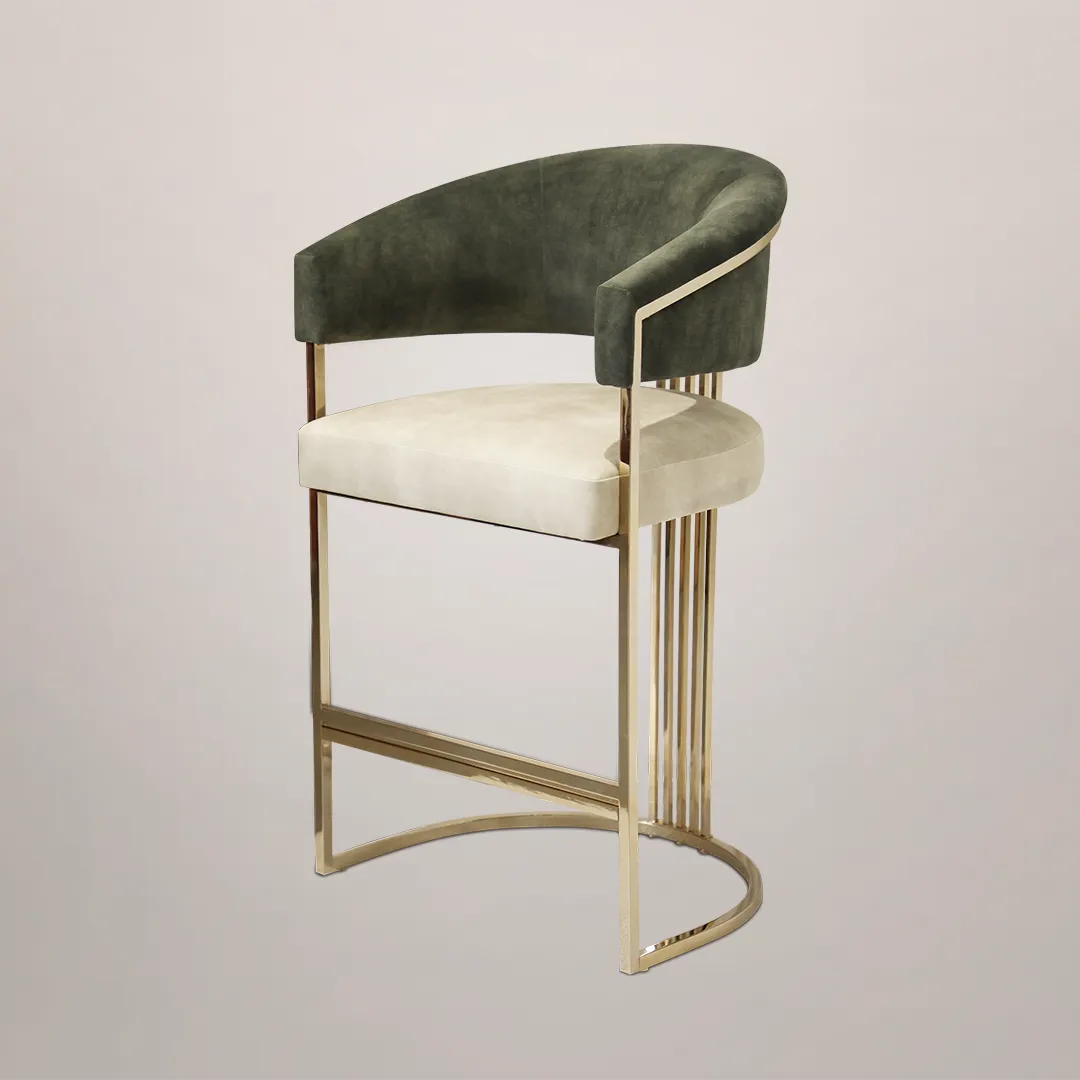 /storage/Luxury brass bar chair with elegant harp-shaped design by Castro Interiors.