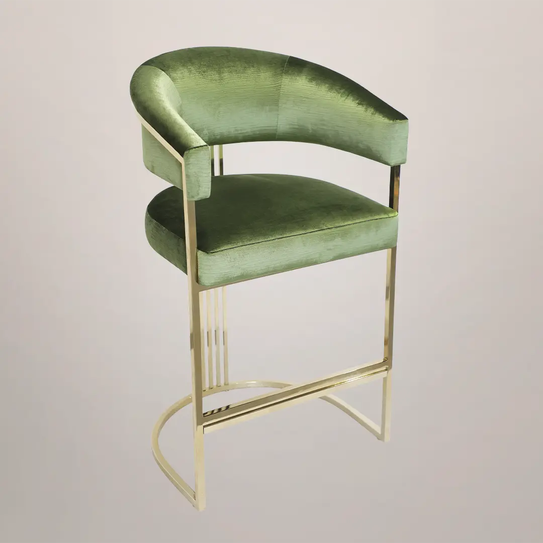 /storage/Luxury brass bar chair with elegant harp-shaped design by Castro Interiors.