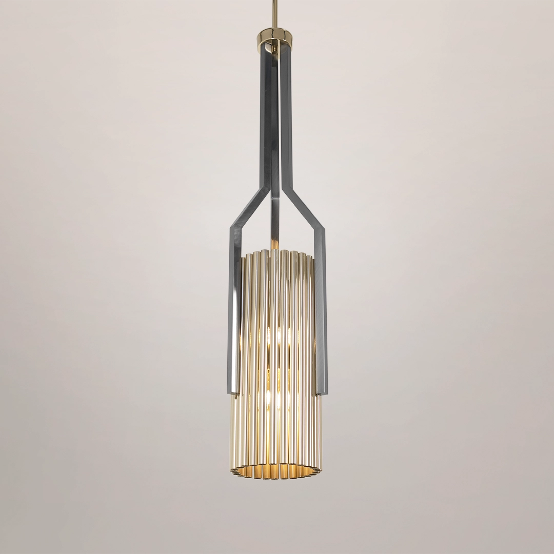 /storage/Luxury brass Avany pendant featuring a striking mix of gold and black nickel tubular shapes, designed as a bold modern lighting statement