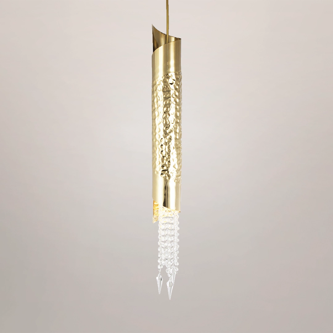 /storage/Luxury Avolto Pendant with 24k gold-plated brass tubes and crystal details, a contemporary suspension lighting piece for refined and elegant interiors.