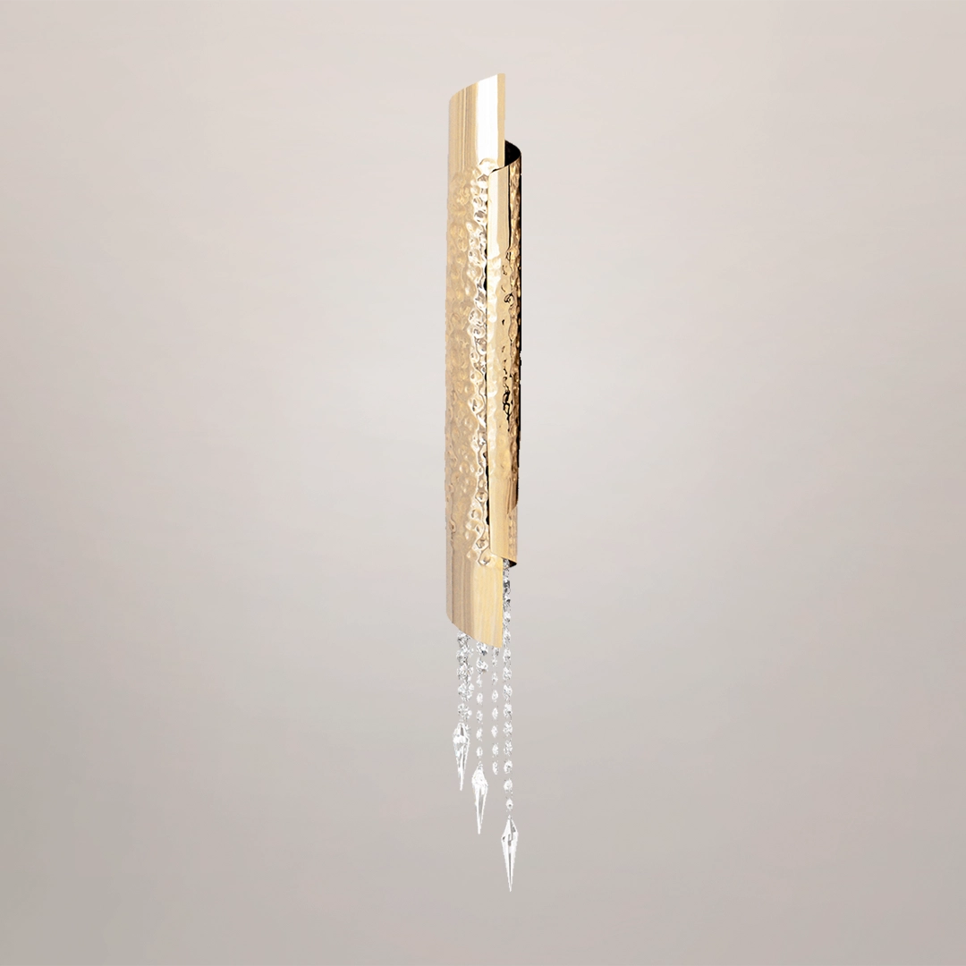 /storage/Luxury brass Avolto Wall Light with hammered gold-plated tubes and crystal details, a sophisticated contemporary fixture for refined interiors.