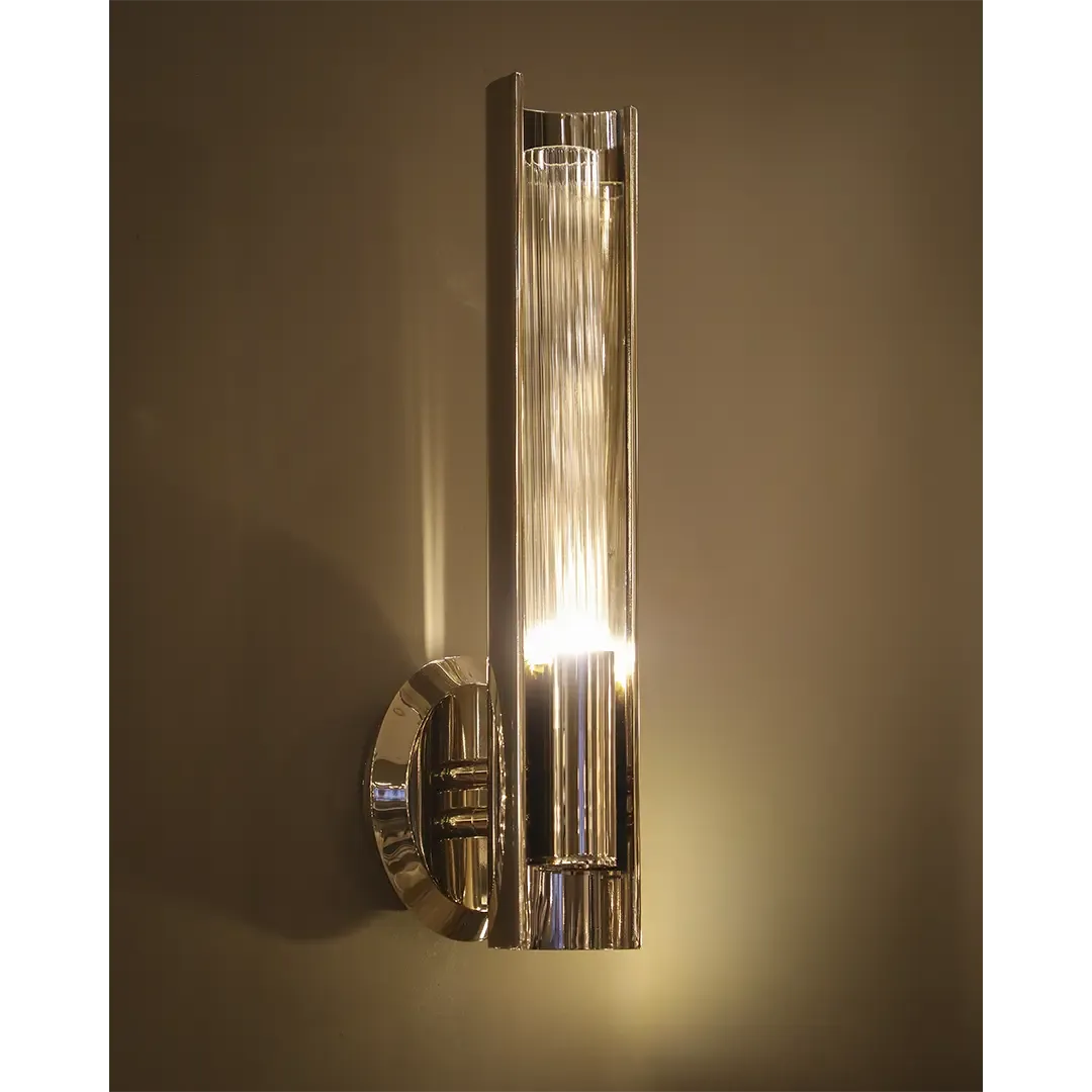 /storage/Luxury brass Baccara Wall Light with corrugated glass and refined futuristic design.