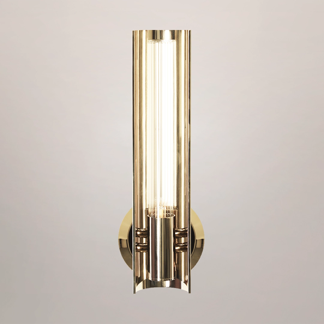 /storage/Luxury brass Baccara Wall Light with corrugated glass and refined futuristic design.