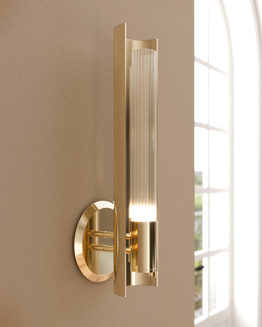 /storage/Luxury brass Baccara Wall Light with corrugated glass and refined futuristic design.