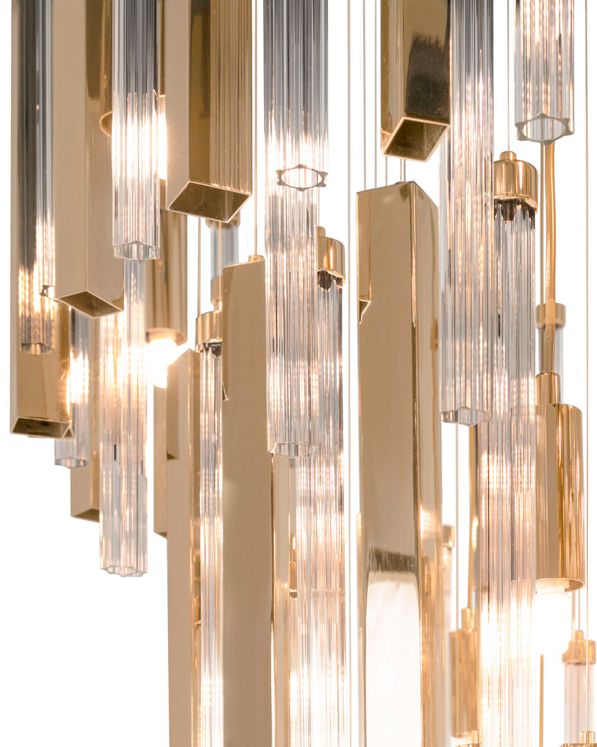 /storage/Luxury brass Blaze suspension chandelier with cascading layers of over 500 hand-assembled glass pendants creating a bold blazing effect.