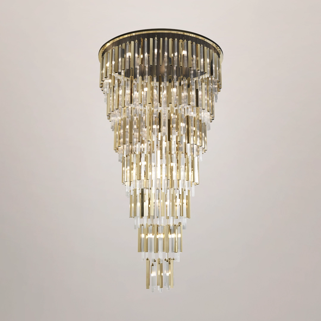 /storage/Luxury brass Blaze suspension chandelier with cascading layers of over 500 hand-assembled glass pendants creating a bold blazing effect.