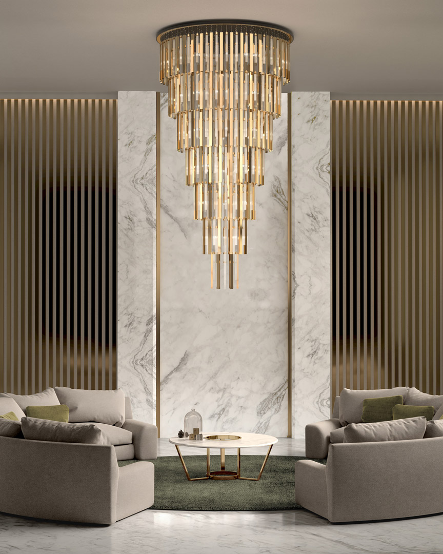 /storage/Luxury brass Blaze suspension chandelier with cascading layers of over 500 hand-assembled glass pendants creating a bold blazing effect.