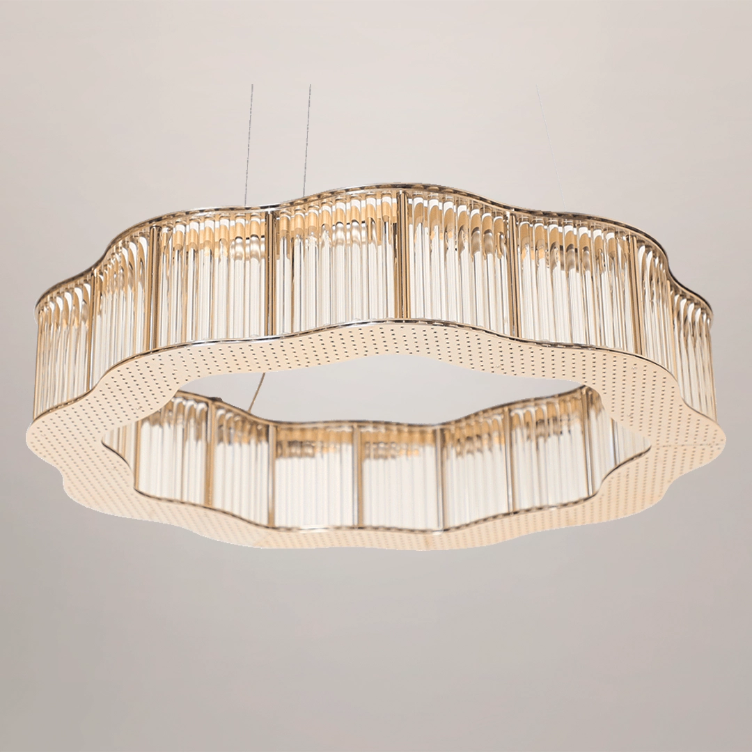 /storage/Luxury brass round suspension with faceted glass and rotating star details, combining Art Deco elegance with modern sophistication.