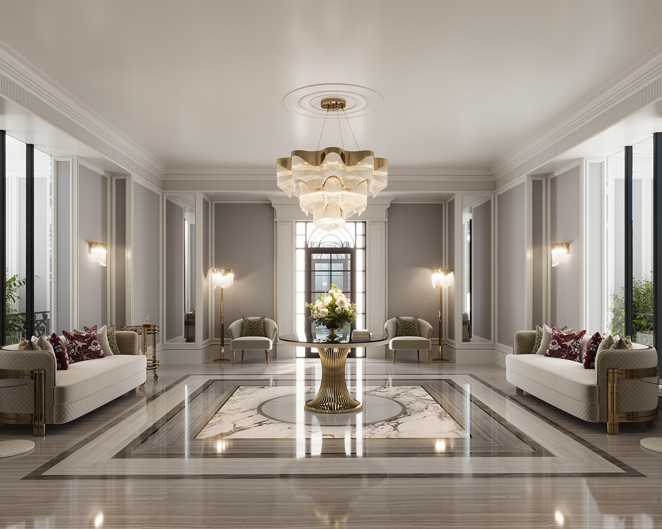 /storage/Luxury brass and glass Flow floor lamp chandelier with abstract customizable curves and wave-inspired design.