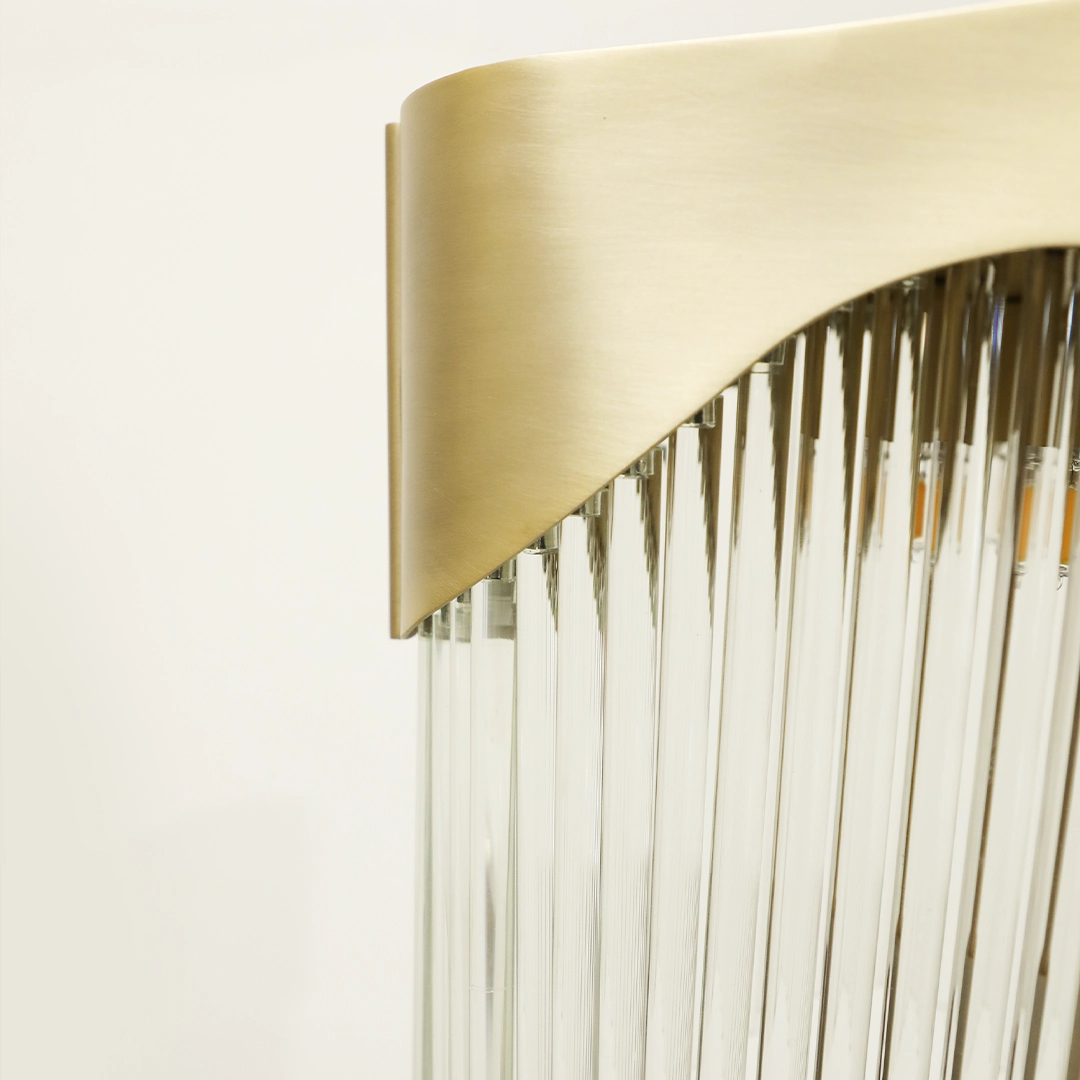 /storage/Luxury brass and glass Flow floor lamp chandelier with abstract customizable curves and wave-inspired design.