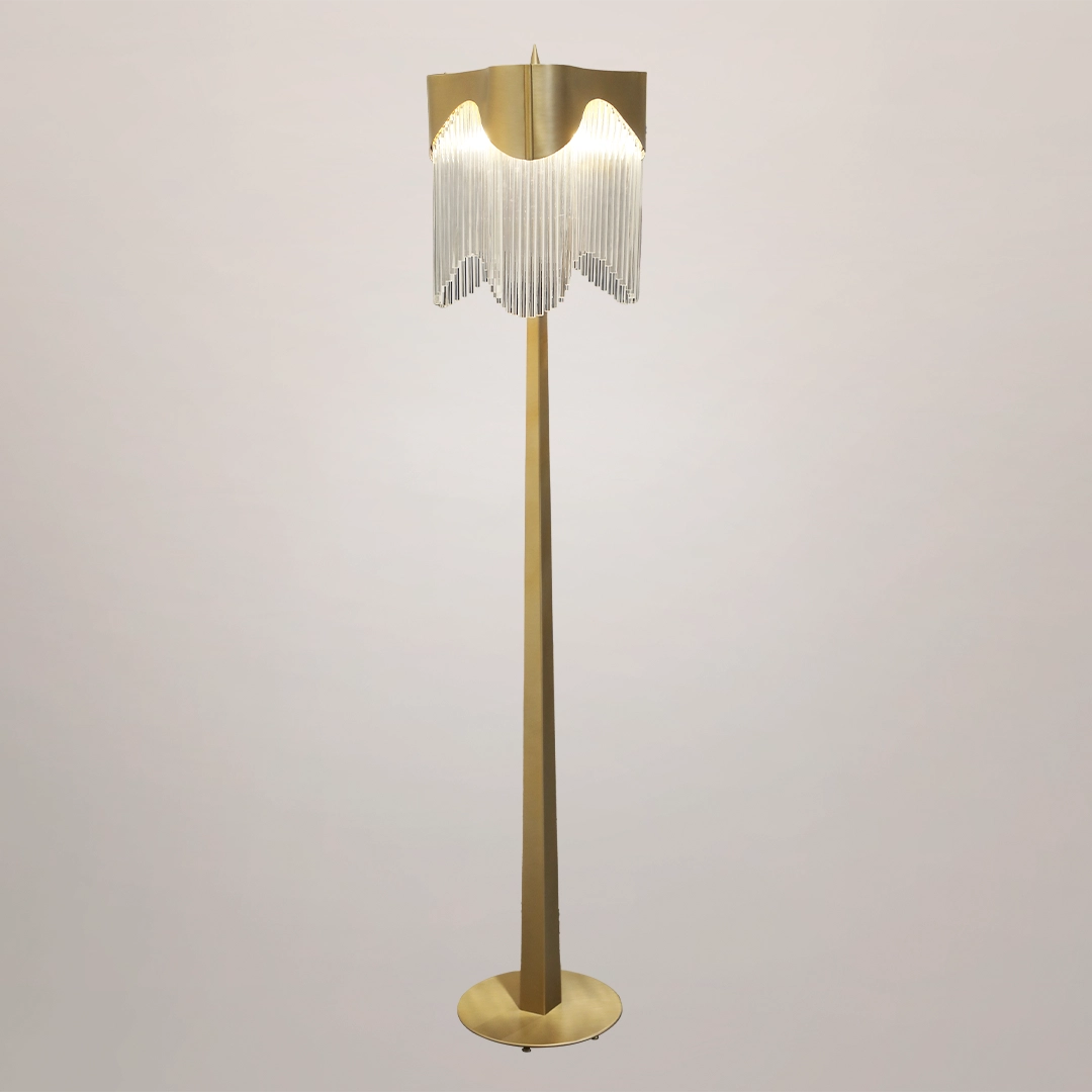 /storage/Luxury brass and glass Flow floor lamp chandelier with abstract customizable curves and wave-inspired design.