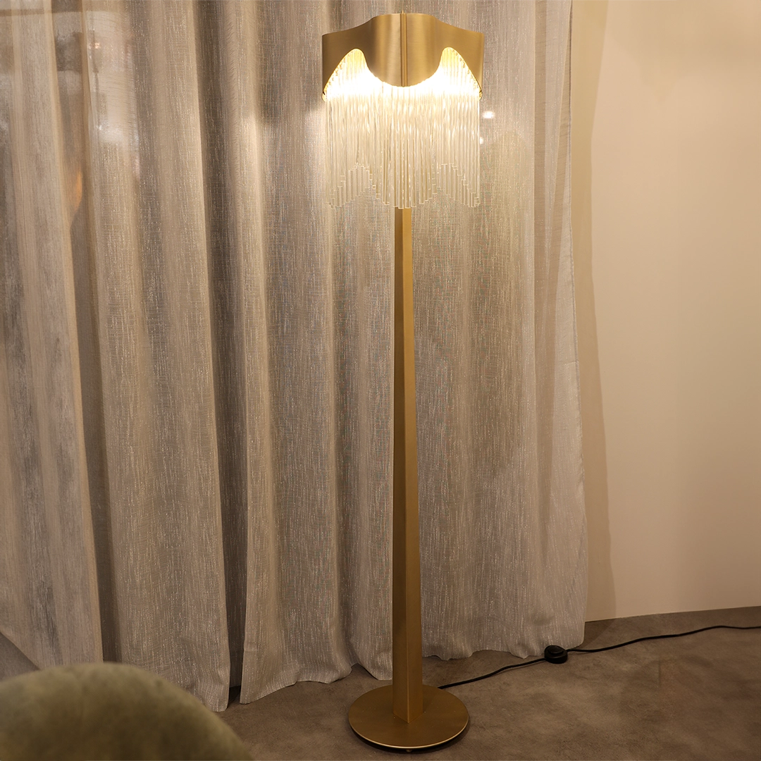 /storage/Luxury brass and glass Flow floor lamp chandelier with abstract customizable curves and wave-inspired design.