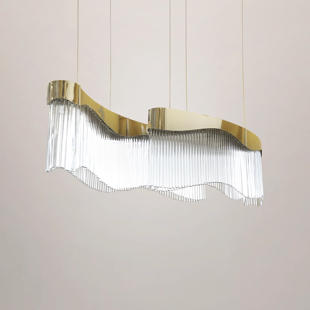 /storage/Luxury brass suspension with fluid curved design and customizable features, offering elegant modern lighting with a sense of movement.