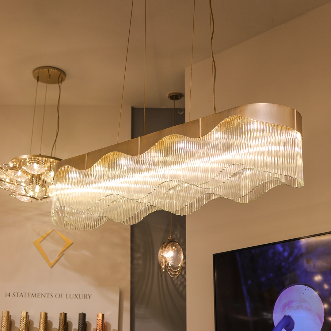 /storage/Luxury brass snooker chandelier with fluid curves and wave-inspired design, fully customizable in size and configuration for elegant modern interiors.