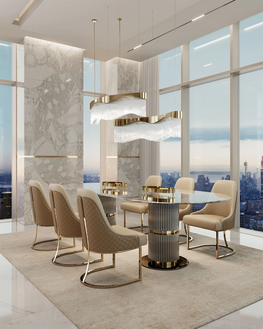 /storage/Flow Linear Suspension in a dining room setting featuring the Athena chair, Élea dining table, and Rainforest tray in an oval shape.