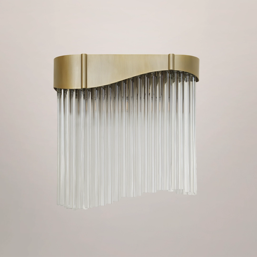 /storage/Luxury brass Flow Wall Light with graceful glass elements, featuring customizable curves and fluid lines for modern interiors.