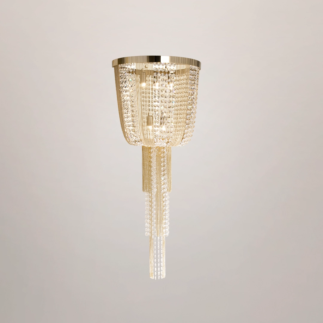 /storage/Luxury brass Gatsby Wall Light with delicate crystals and gold-plated brass, evoking the roaring 20s through classical elegance, dramatic aura, and opulent lighting design.