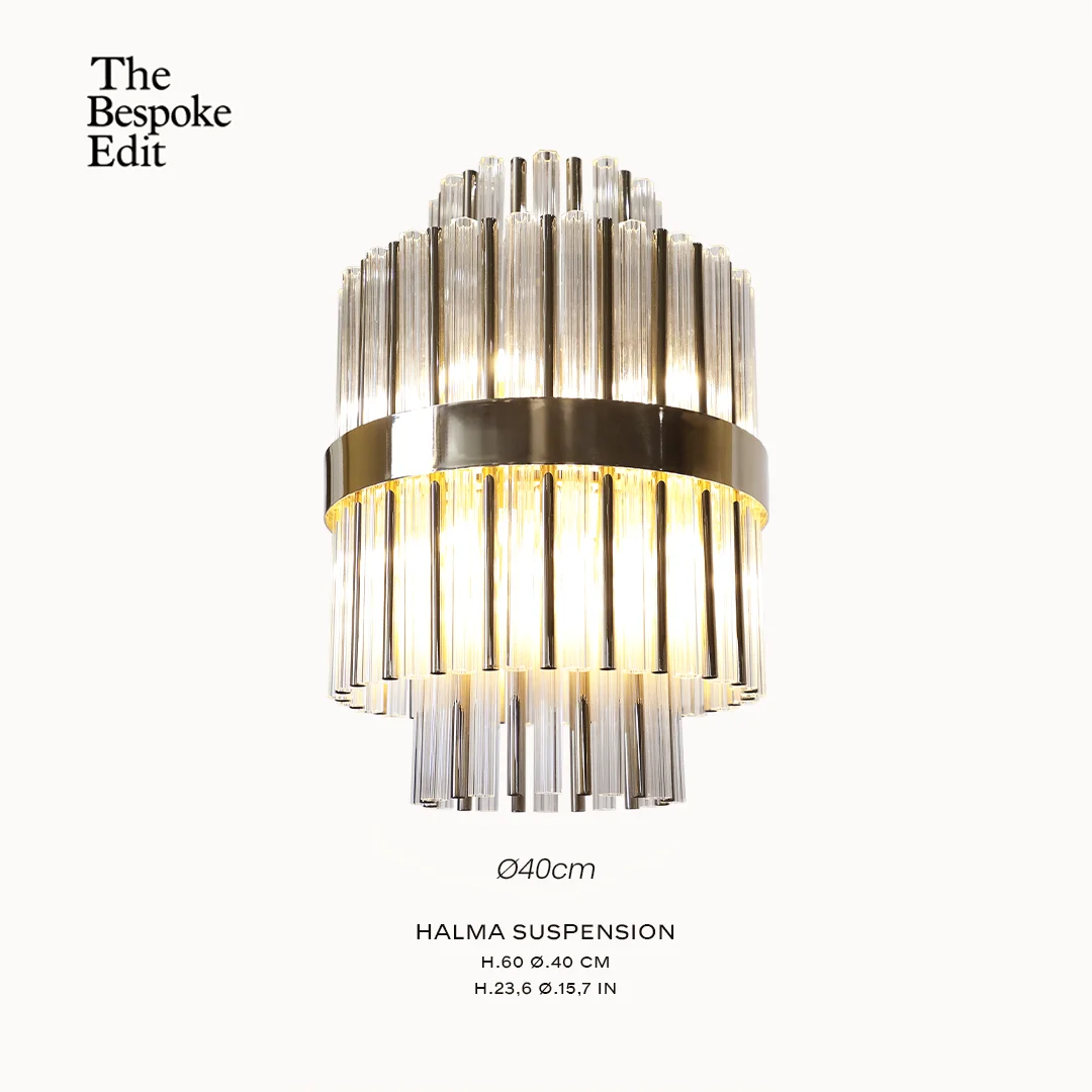 /storage/Luxury brass suspension with clear crystal glass elements, featuring a geometric-inspired design that blends elegance and modern sophistication.