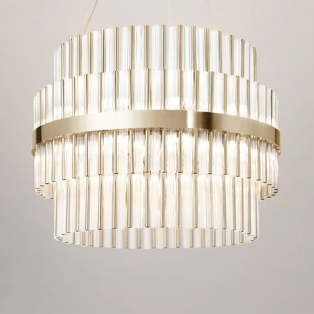 /storage/Luxury brass suspension with clear crystal glass elements, featuring a geometric-inspired design that blends elegance and modern sophistication.