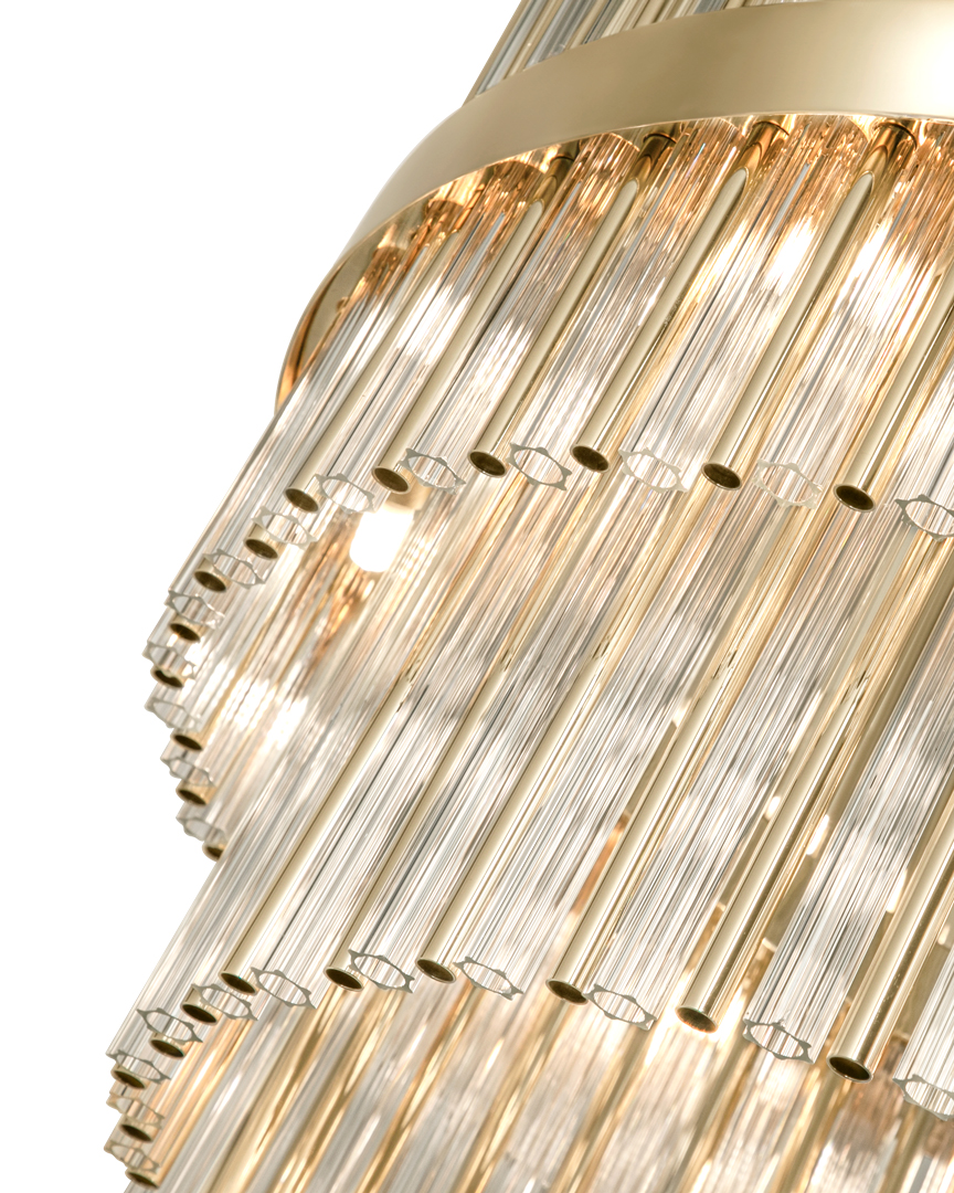 /storage/Luxury brass suspension with clear crystal glass elements, featuring a geometric-inspired design that blends elegance and modern sophistication.