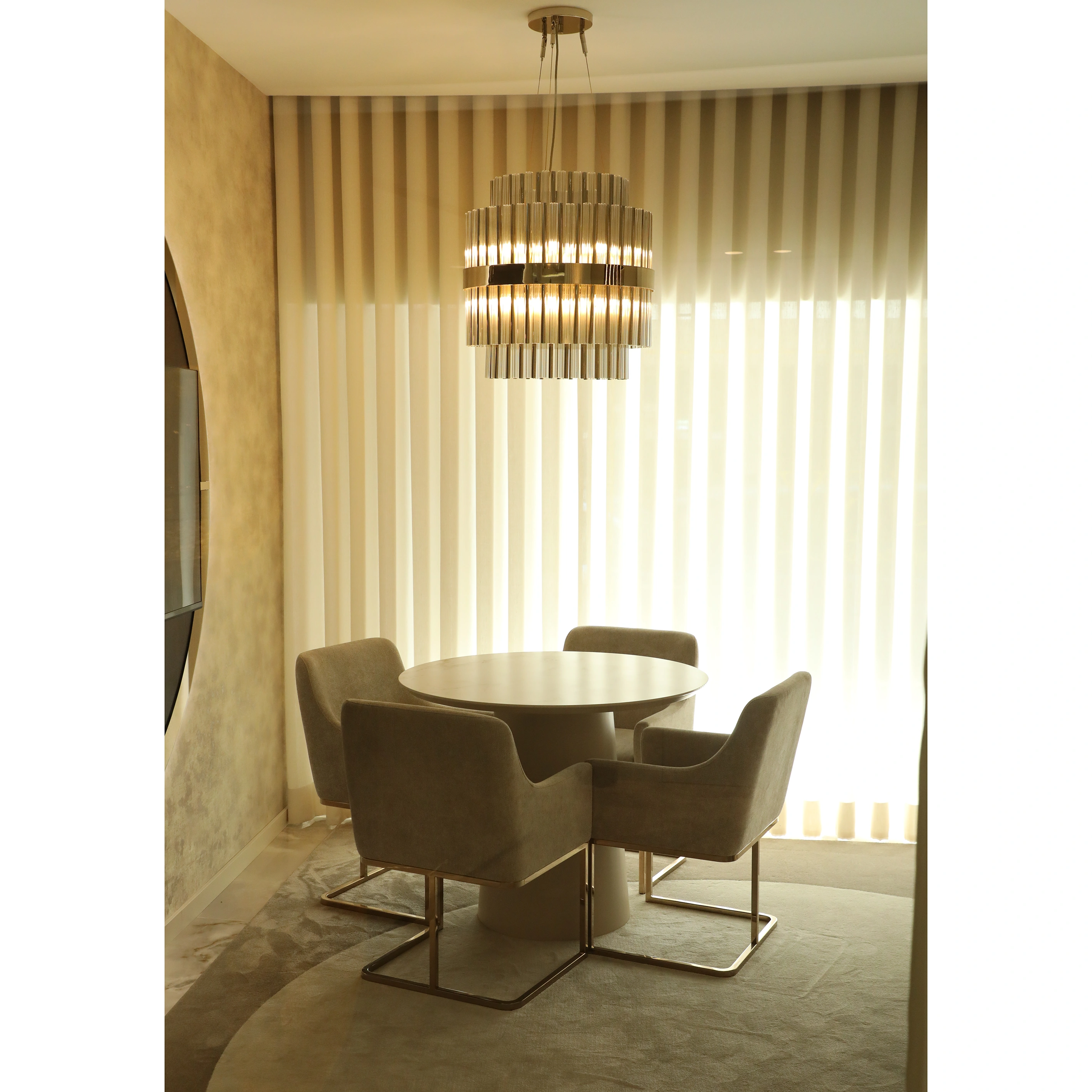 /storage/Luxury brass suspension with clear crystal glass elements, featuring a geometric-inspired design that blends elegance and modern sophistication.