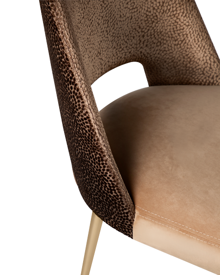 /storage/Luxury brass Anna Dining Chair with beige upholstered crescent back, handcrafted Art Deco-inspired design.