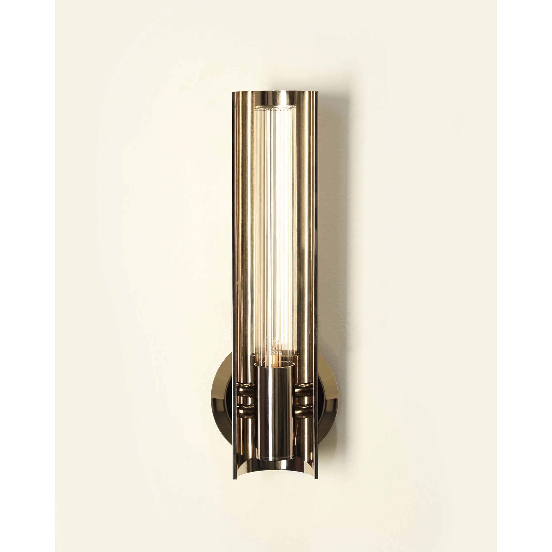 /storage/Luxury brass Baccara Wall Light with corrugated glass and refined futuristic design.