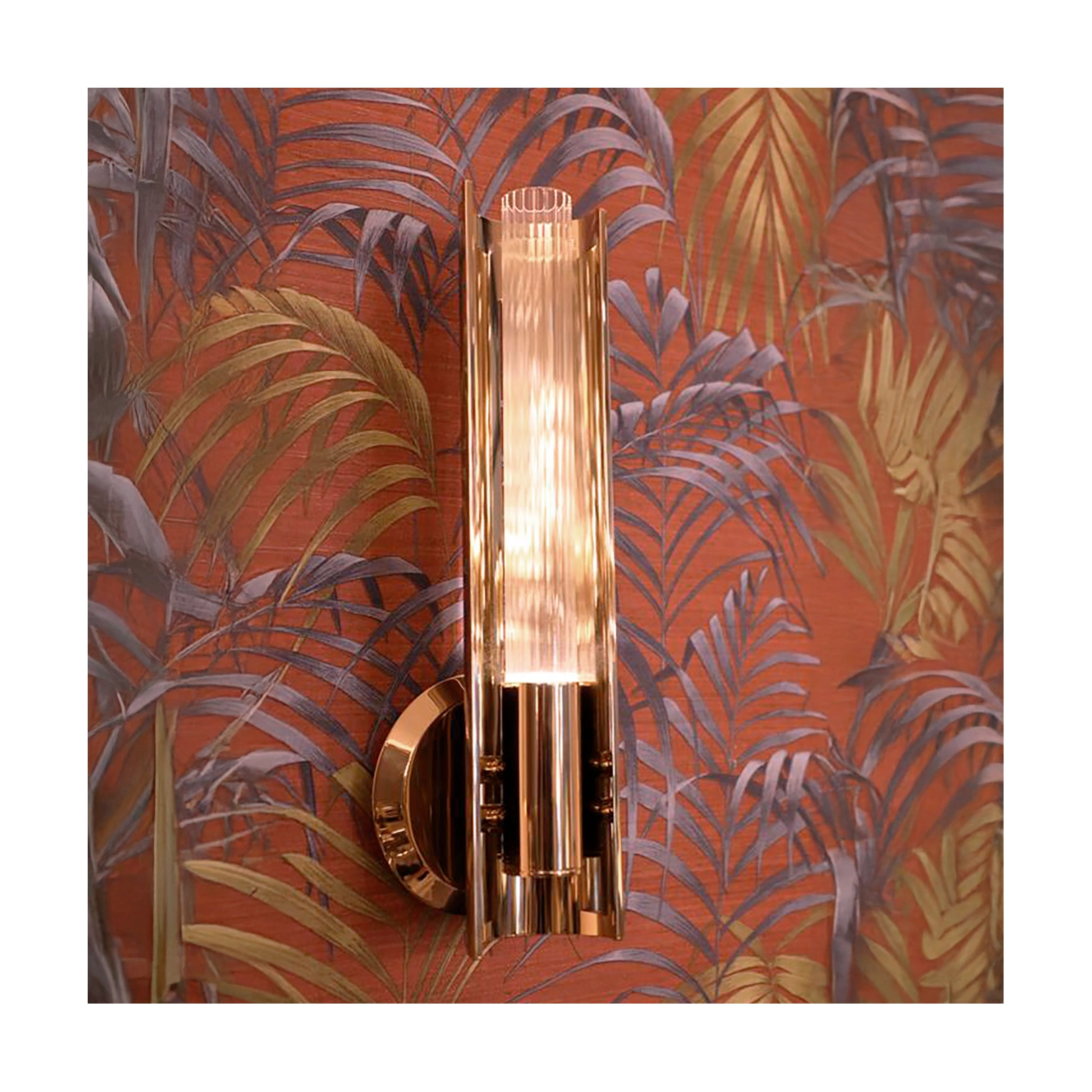 /storage/Luxury brass Baccara Wall Light with corrugated glass and refined futuristic design.