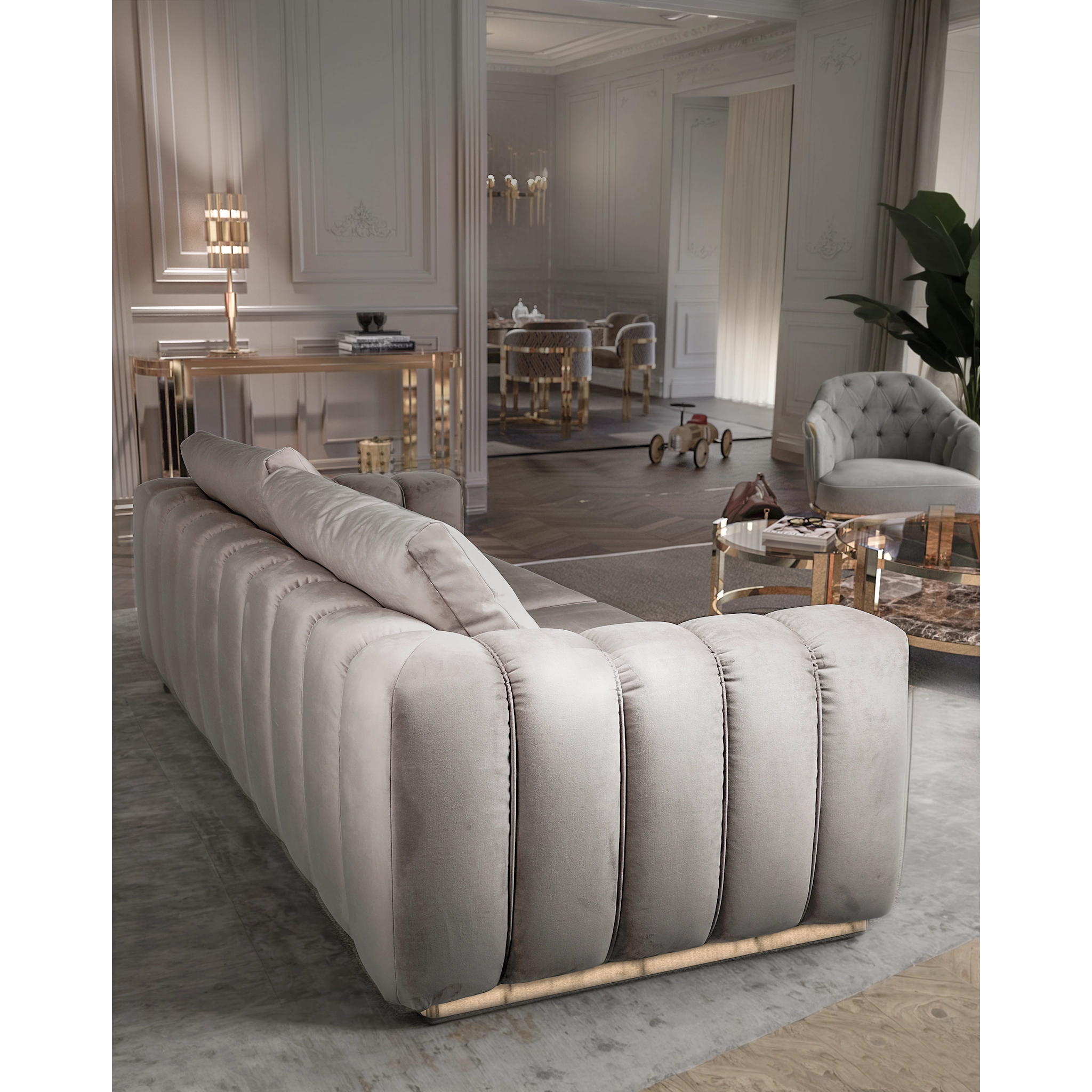 /storage/Luxury brass Colombo sofa with plush cushions and gold-plated brass frame, inspired by Joe Colombo’s iconic design for timeless comfort and elegance.