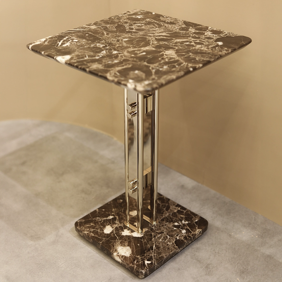 /storage/Luxury brass Columns Center Table with marble top, a modern geometric design exuding elegance and sophistication.