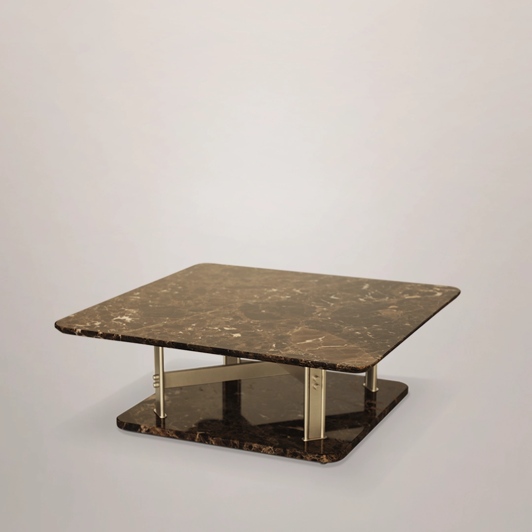 /storage/Luxury brass and marble center table with geometric columns, blending modern elegance and bold design for a refined, opulent living space.