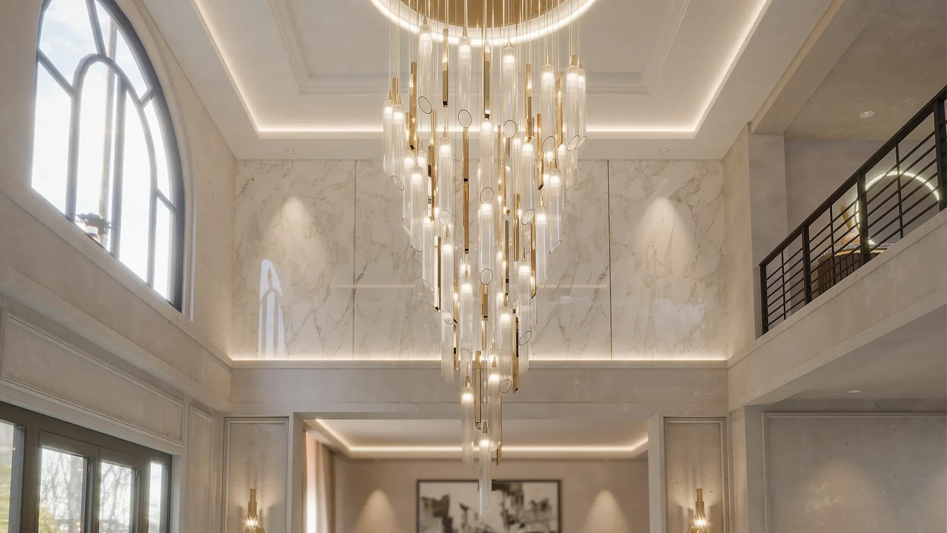 /storage/luxury grand entrance hall with statement suspension lighting in a double height foyer