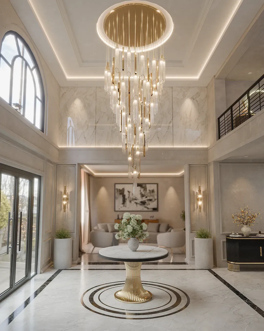/storage/luxury grand entrance hall with statement suspension lighting in a double height foyer