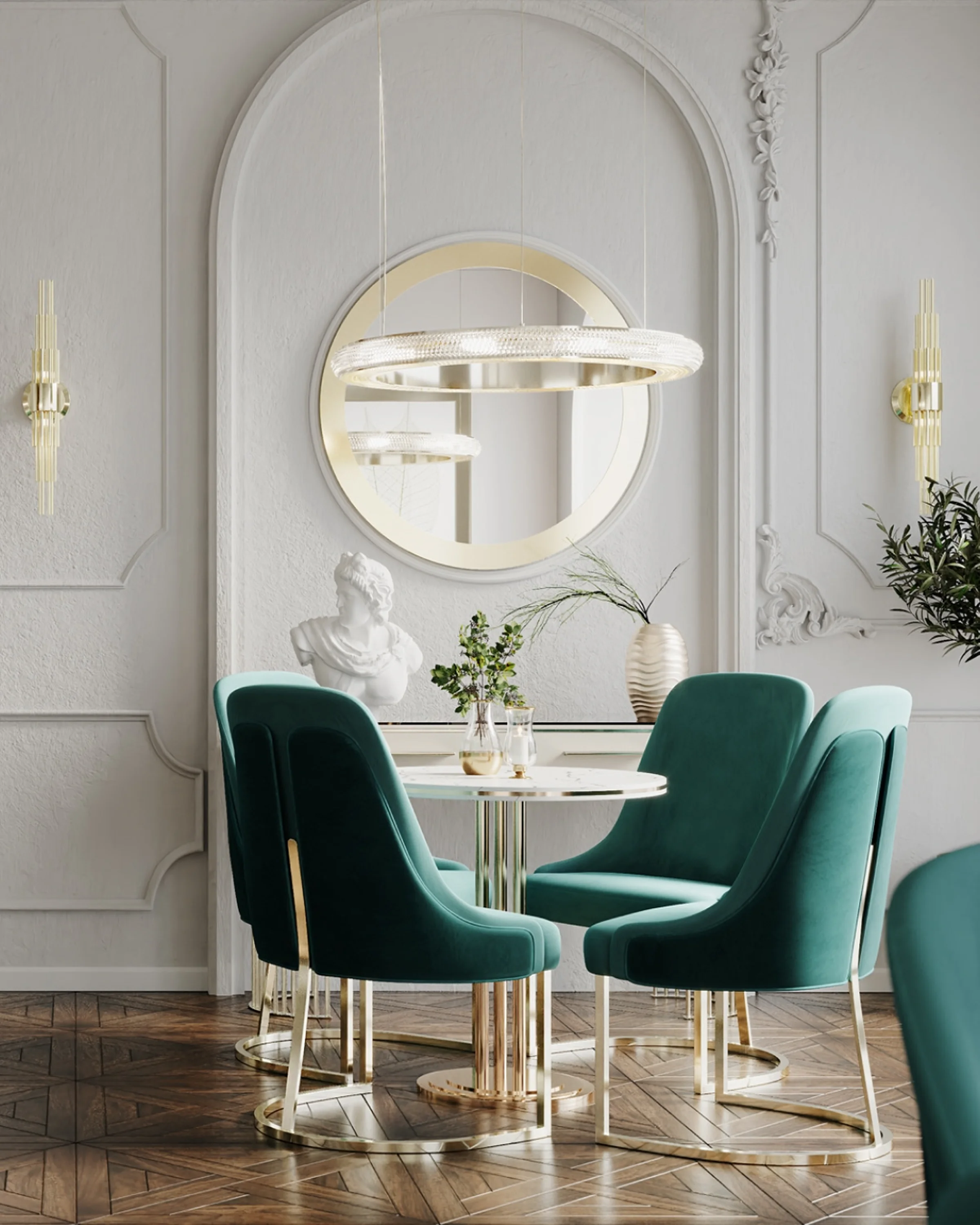 /storage/Elegant dining room featuring the Dynasty Suspension chandelier and Athena chairs in green velvet, designed by Castro Lighting.