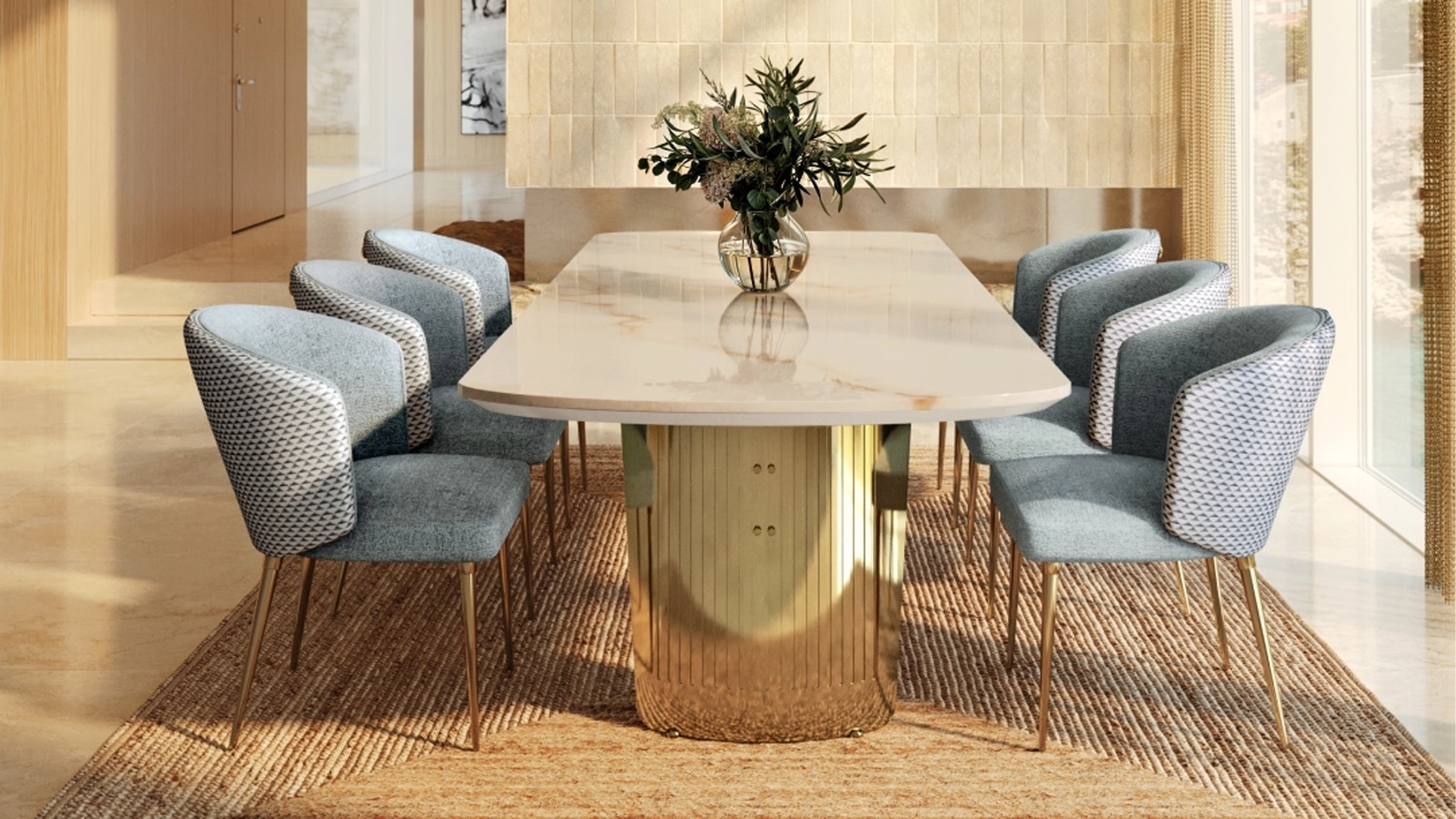 /storage/Modern dining space showcasing the Sedere dining chair in blue fabric by Castro Lighting, blending comfort and contemporary design.