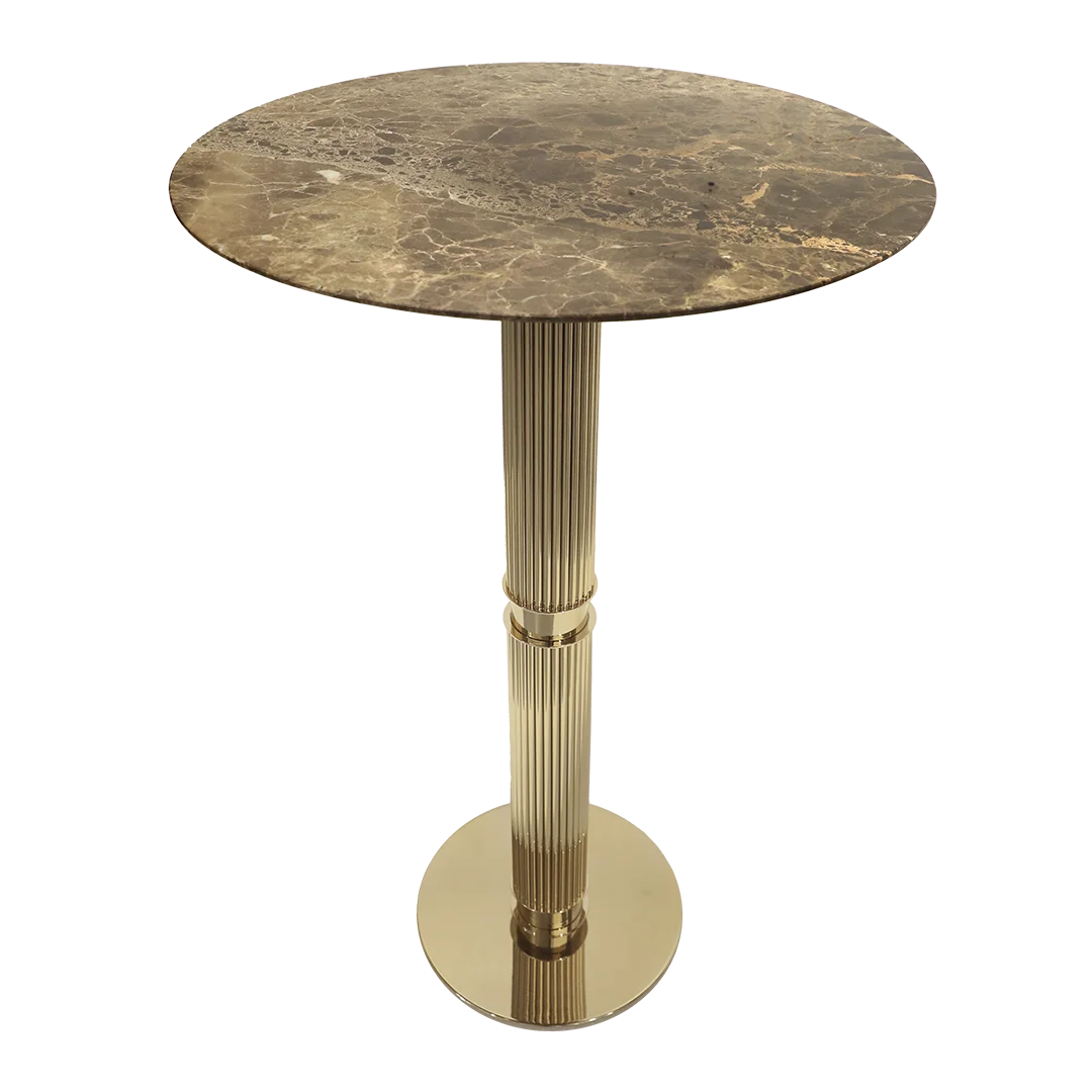 /storage/Luxury brass Eléa Bar Table with Corinthian column-inspired gold-plated brass base and Emperador marble top, blending classical Greek elegance with modern sophistication for refined dining and bar interiors.