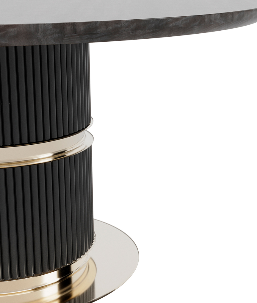 /storage/Luxury brass Eléa Round Dining Table with eucalyptus wood top and lacquered brass accents inspired by Ancient Greece.