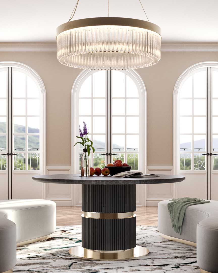 /storage/Luxury brass Eléa Round Dining Table with eucalyptus wood top and lacquered brass accents inspired by Ancient Greece.