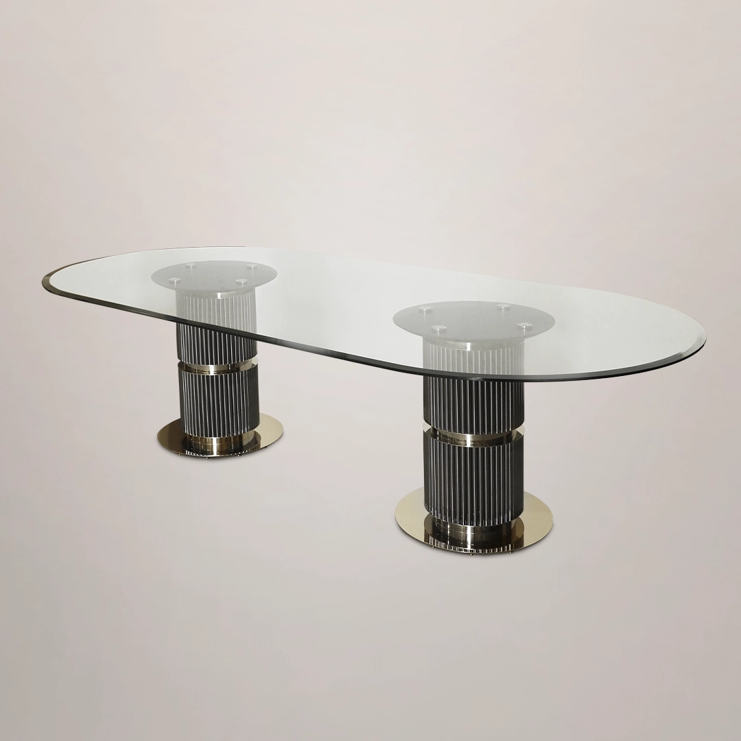 /storage/Luxury brass Eléa Dining Table with glass top and eucalyptus frisé wood, inspired by Ancient Greece elegance.