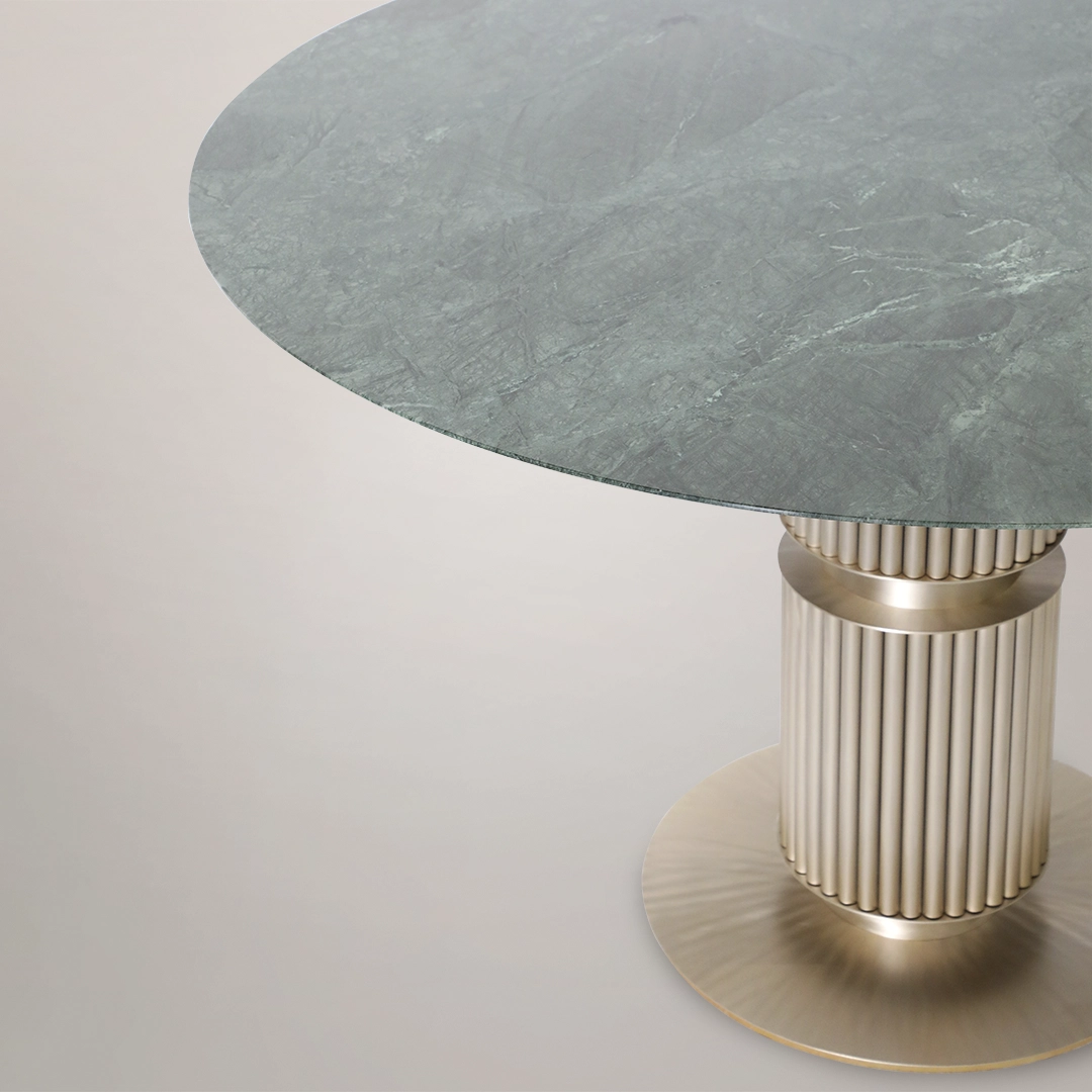 /storage/Luxury brass Eléa Round Dining Table with eucalyptus wood top and lacquered brass accents inspired by Ancient Greece.