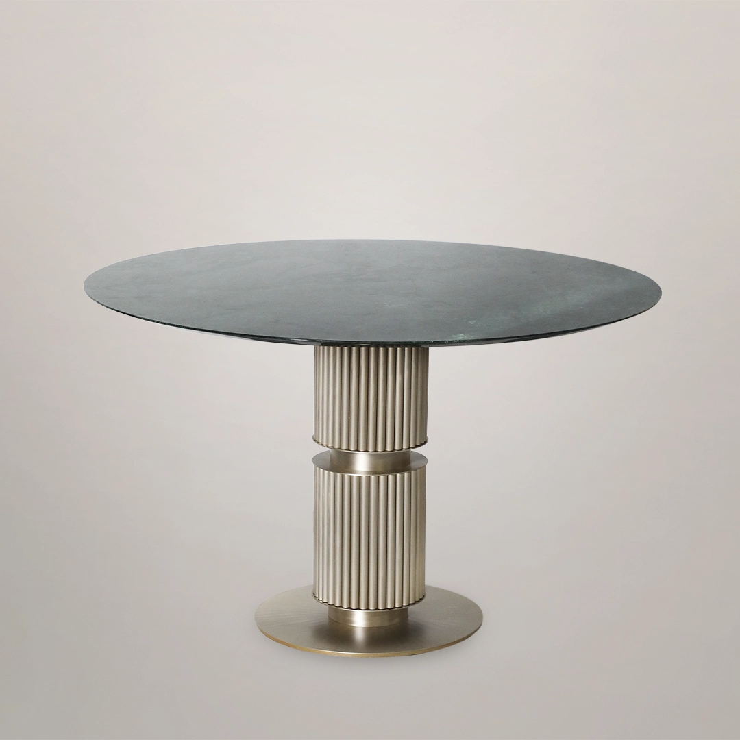 /storage/Luxury brass Eléa Round Dining Table with eucalyptus wood top and lacquered brass accents inspired by Ancient Greece.