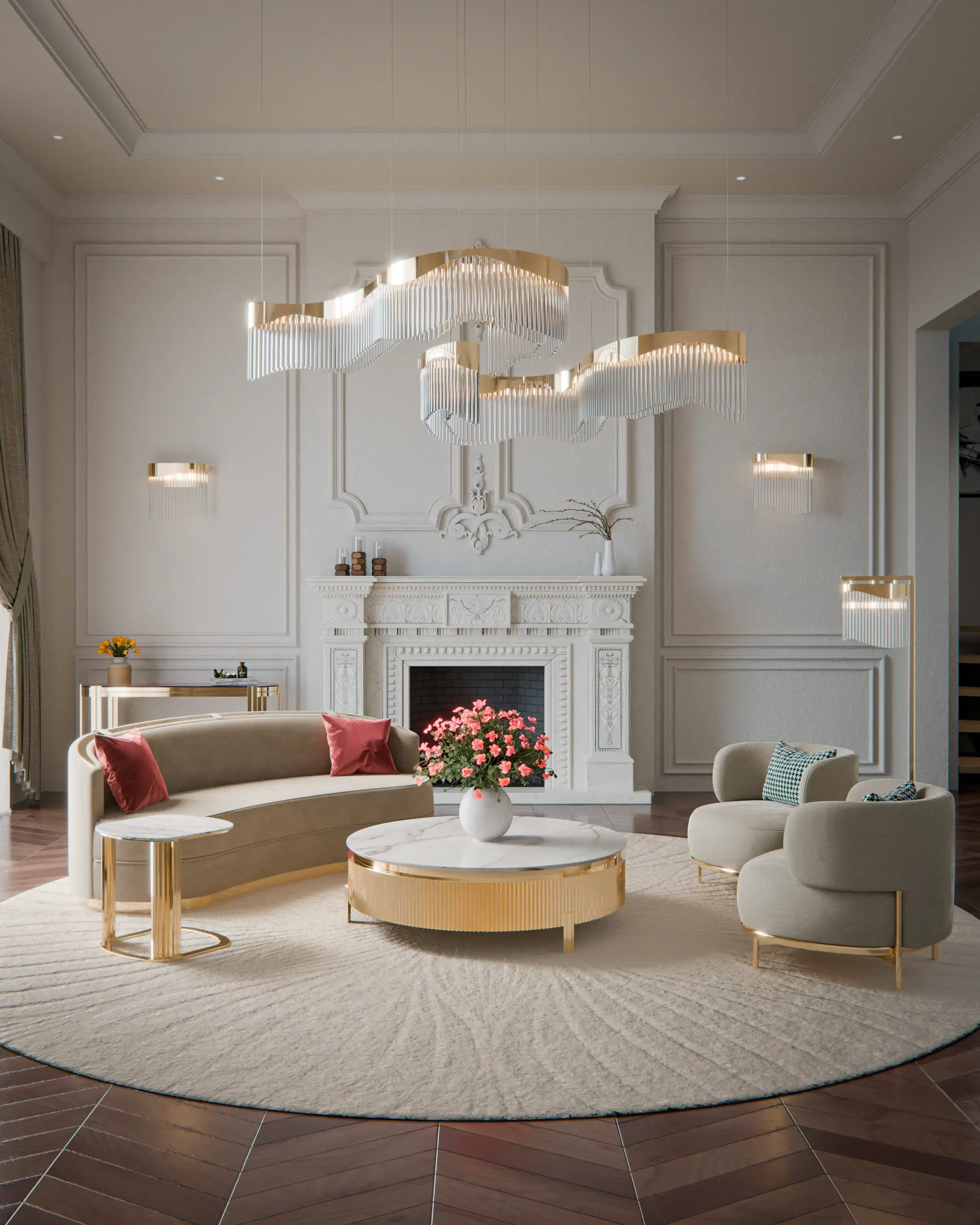 /storage/Flow Suspension, Flow Wall Light, Flow Floor Lamp, Tiffany Side and Center Table, Carlo Sofa and Marie Console | Castro Lighting