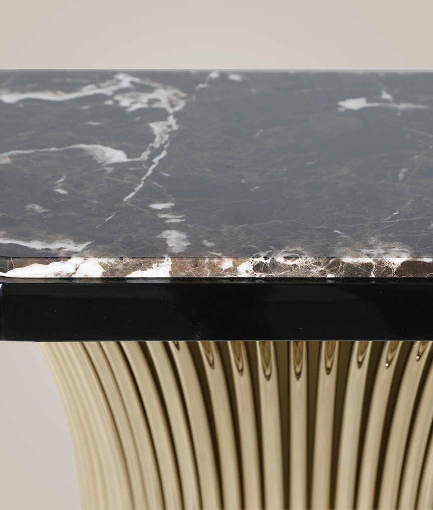/storage/Luxury brass and Emperador marble console with flowing tube design, a sophisticated modern credenza for elegant interiors.
