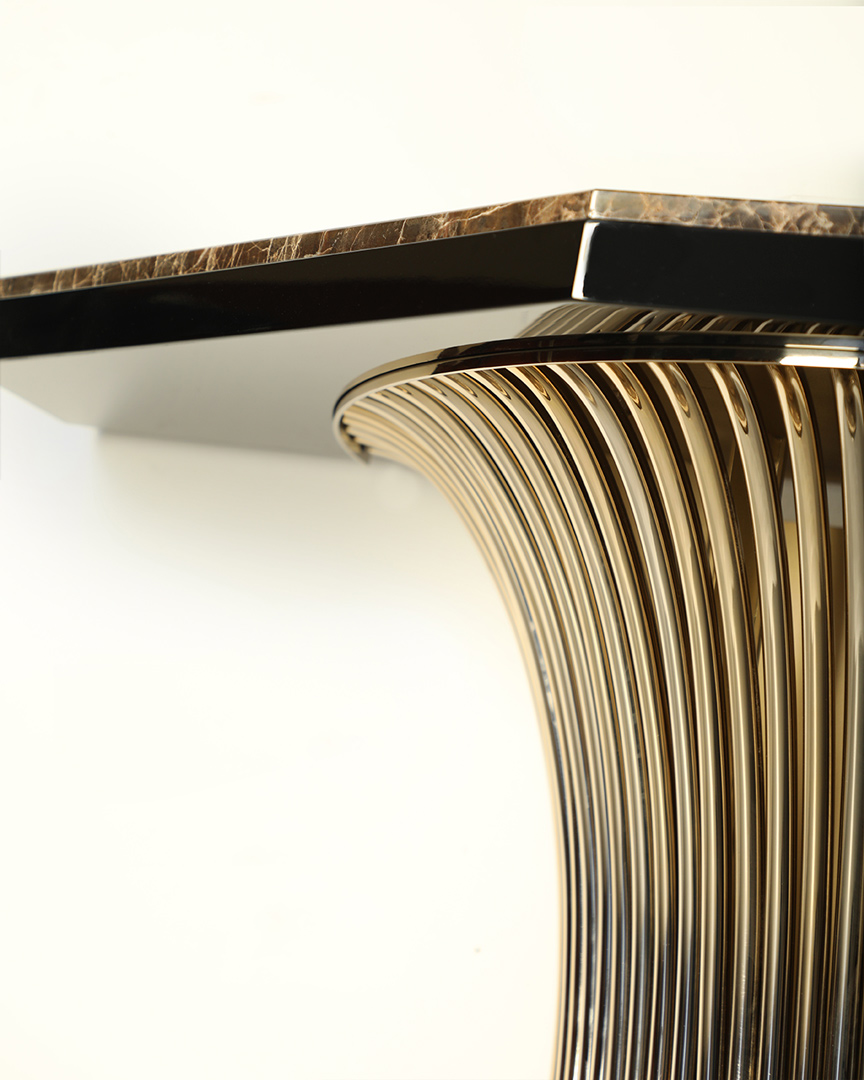 /storage/Luxury brass and Emperador marble console with flowing tube design, a sophisticated modern credenza for elegant interiors.