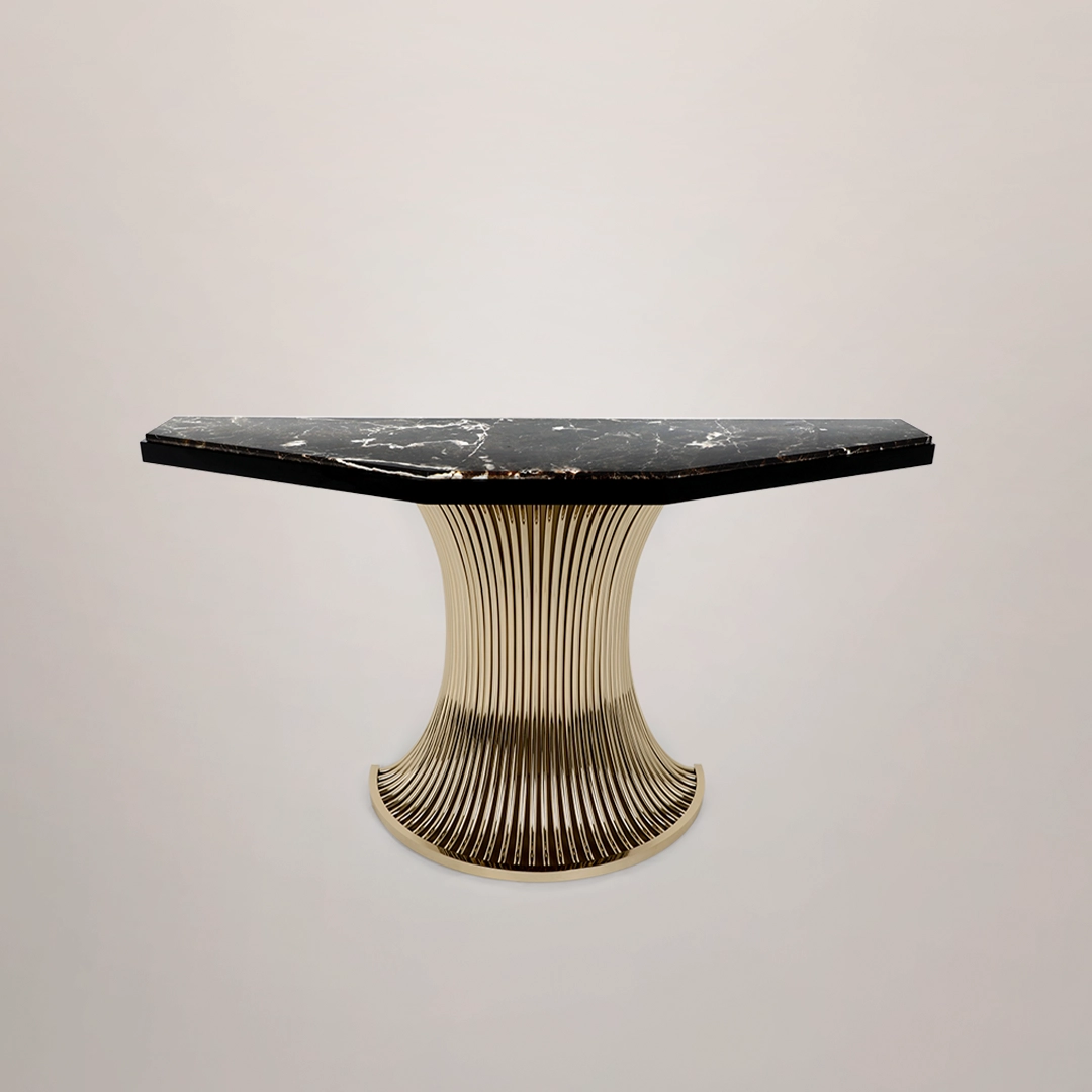 /storage/Luxury brass and Emperador marble console with flowing tube design, a sophisticated modern credenza for elegant interiors.