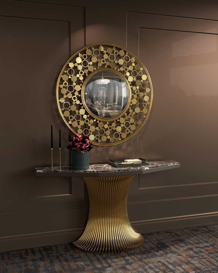 /storage/Luxury brass and Emperador marble console with flowing tube design, a sophisticated modern credenza for elegant interiors.
